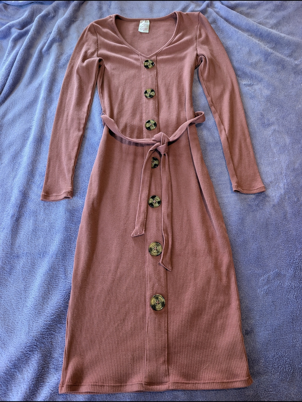 No Boundaries Long Sleeve Button-Front Ribbed Midi Dress in Dusty Rose